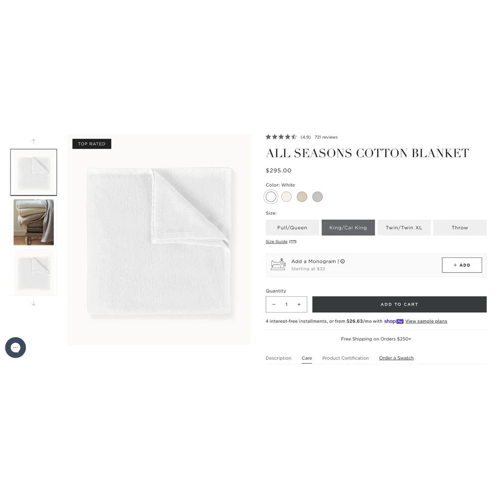 Peacock Alley All Seasons Cotton Blanket 100% Long Staple Cotton King/White
